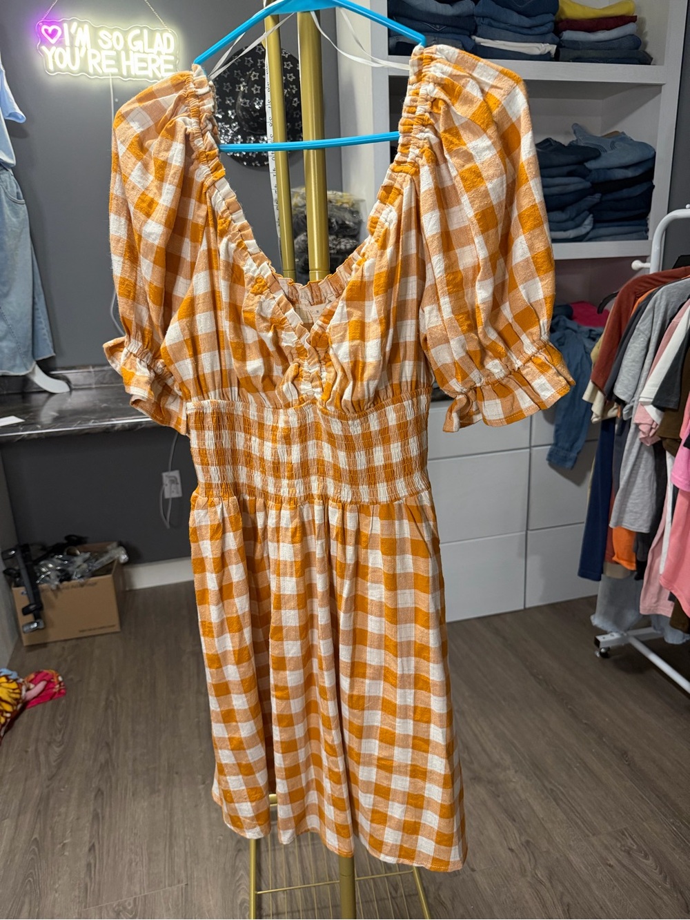 Promesa Orange and White Gingham Puff Sleeve Mini Dress